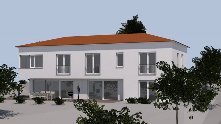 Rendering des Wohnhauses Haus SMS mit Blick auf Eingang und Garage