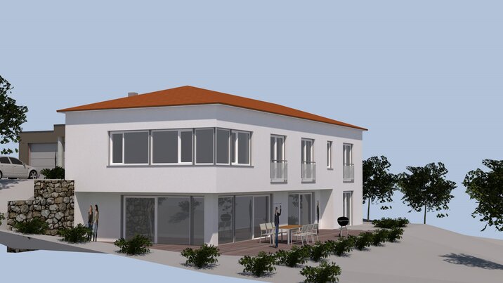Rendering des Wohnhauses Haus SMS von der Gartenseite